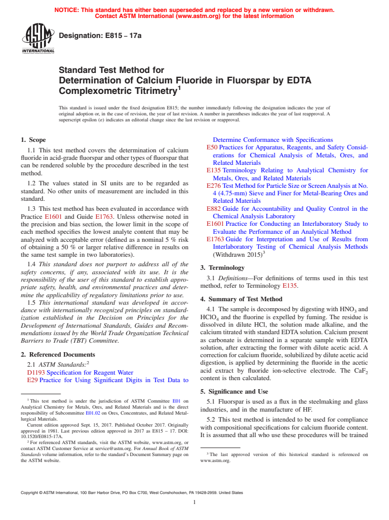 ASTM E815-17a - Standard Test Method for  Determination of Calcium Fluoride in Fluorspar by EDTA Complexometric  Titrimetry