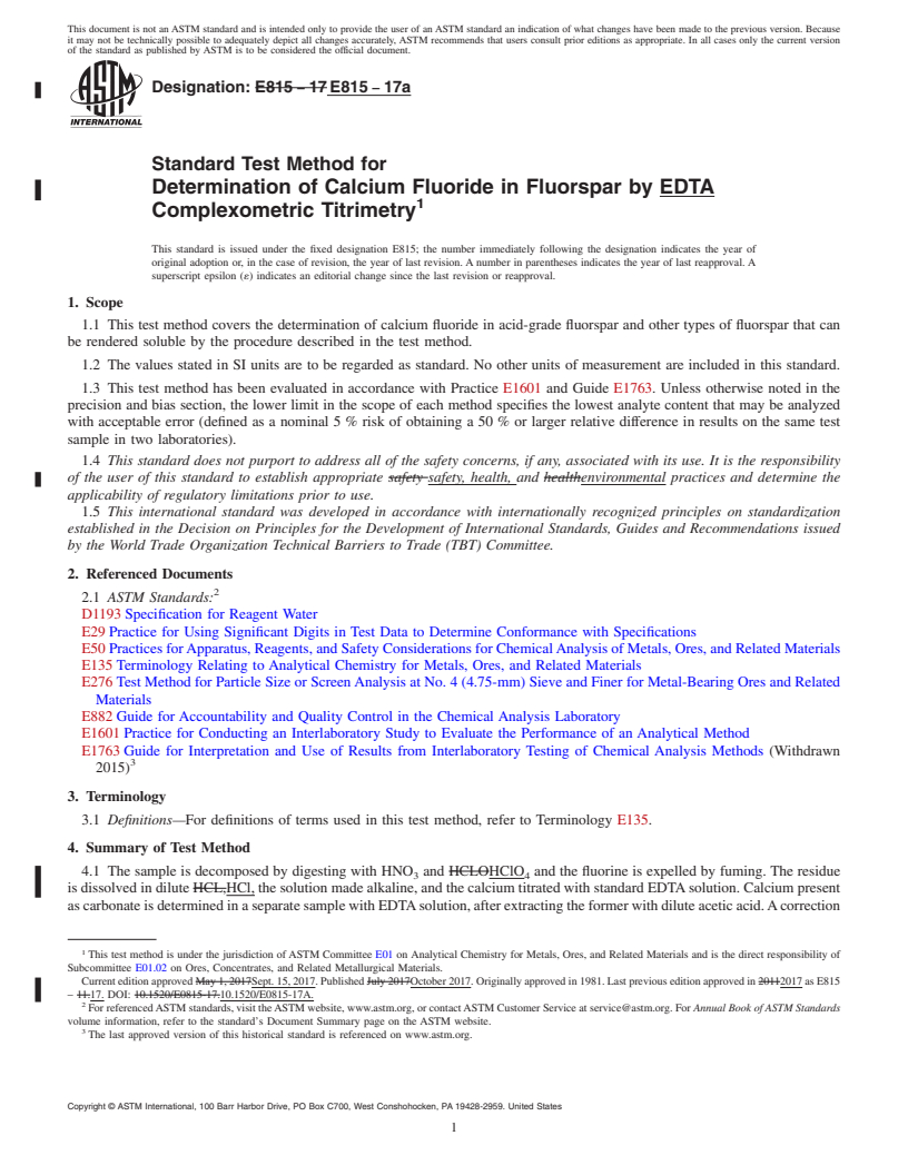 REDLINE ASTM E815-17a - Standard Test Method for  Determination of Calcium Fluoride in Fluorspar by EDTA Complexometric  Titrimetry