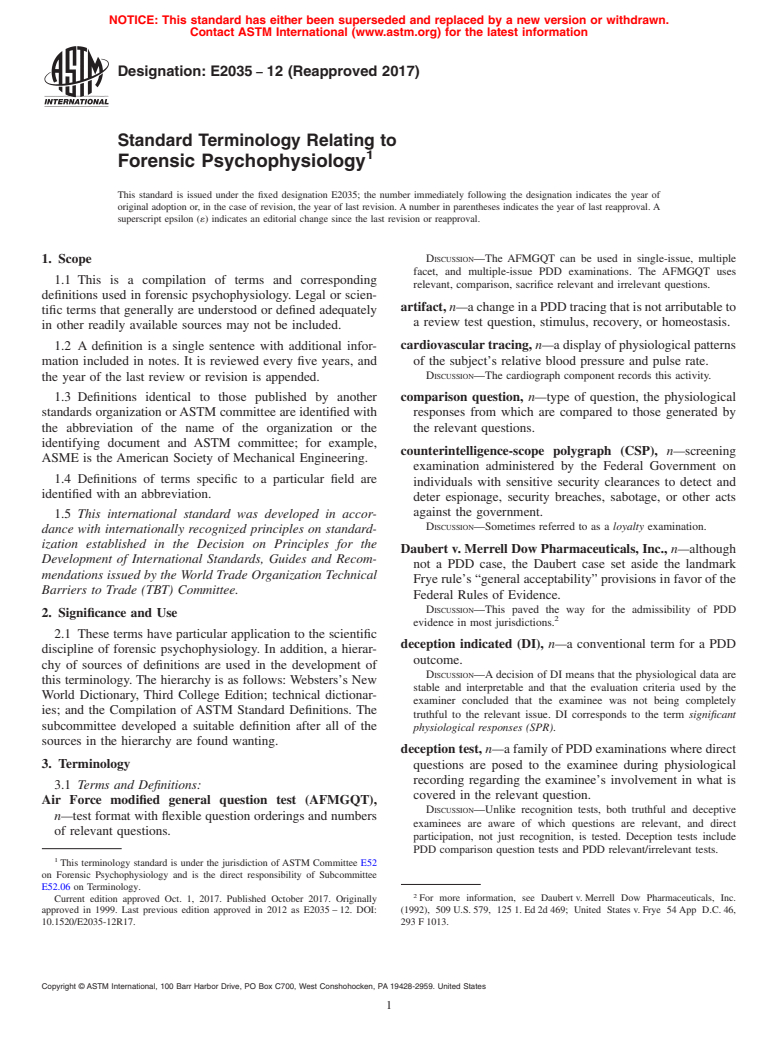 ASTM E2035-12(2017) - Standard Terminology Relating to  Forensic Psychophysiology