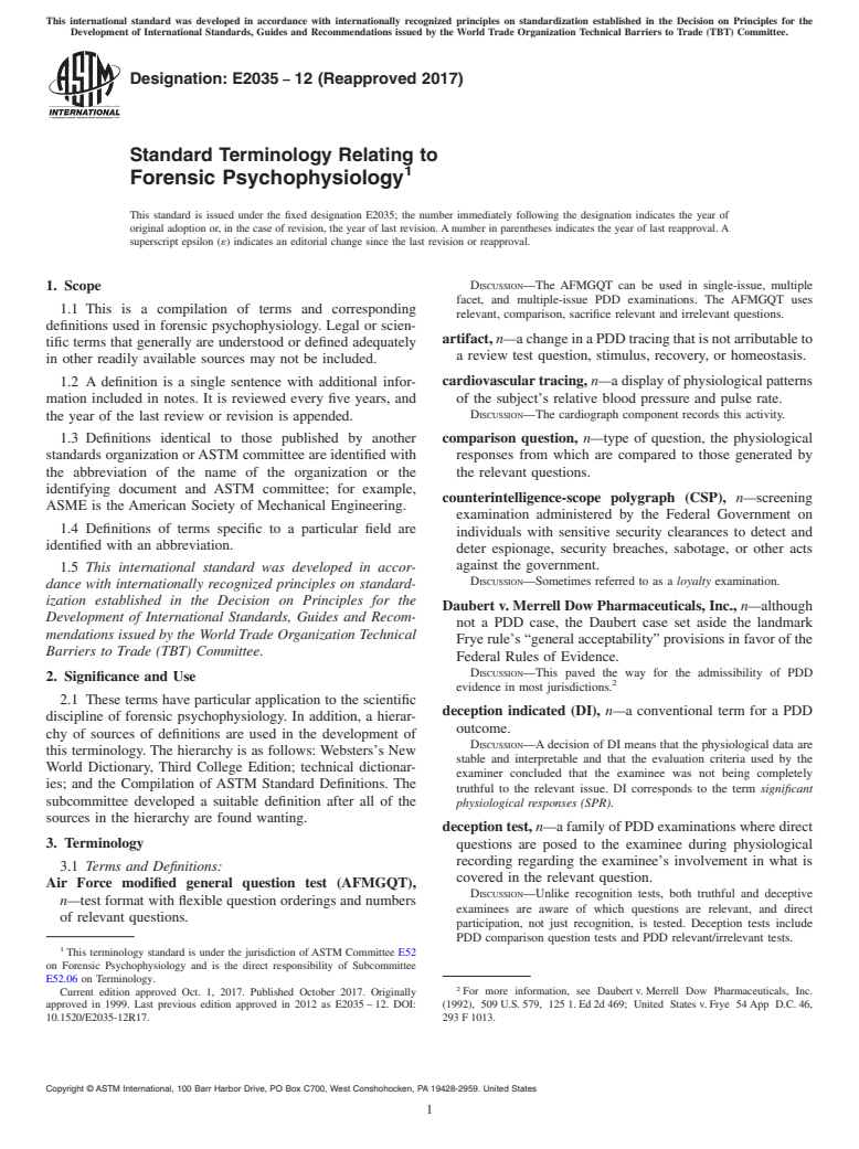 ASTM E2035-12(2017) - Standard Terminology Relating to  Forensic Psychophysiology