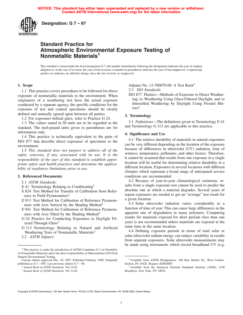 ASTM G7-97 - Standard Practice for Atmospheric Environmental Exposure Testing of Nonmetallic Materials