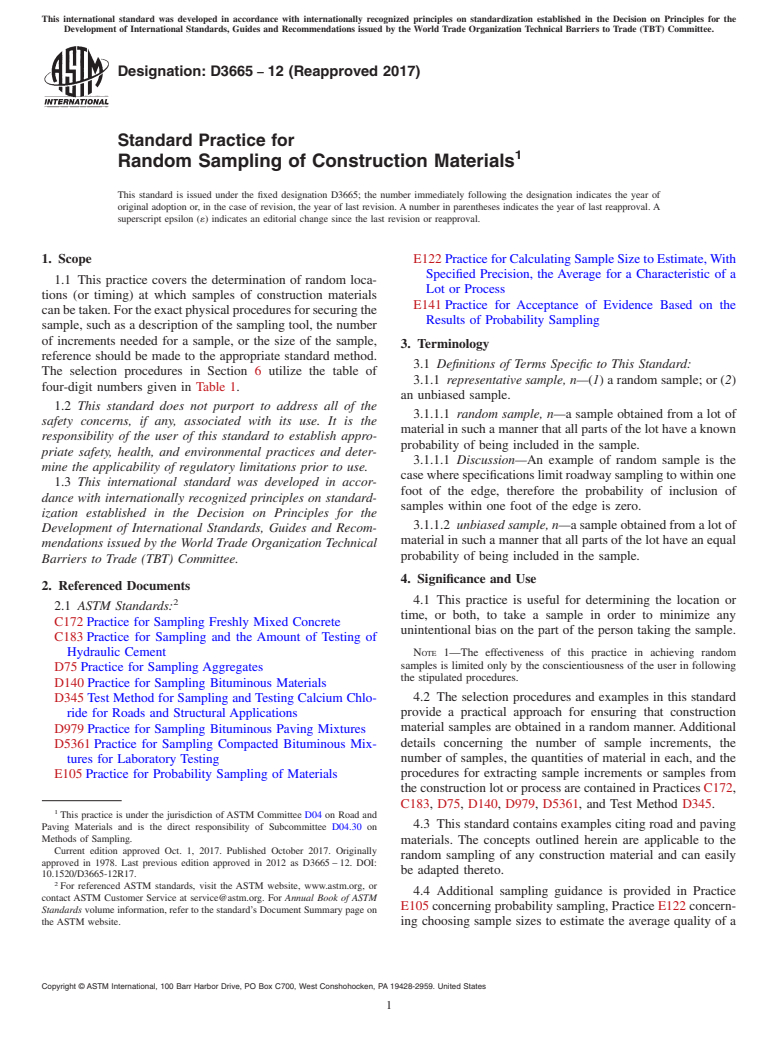 ASTM D3665-12(2017) - Standard Practice for Random Sampling of Construction Materials