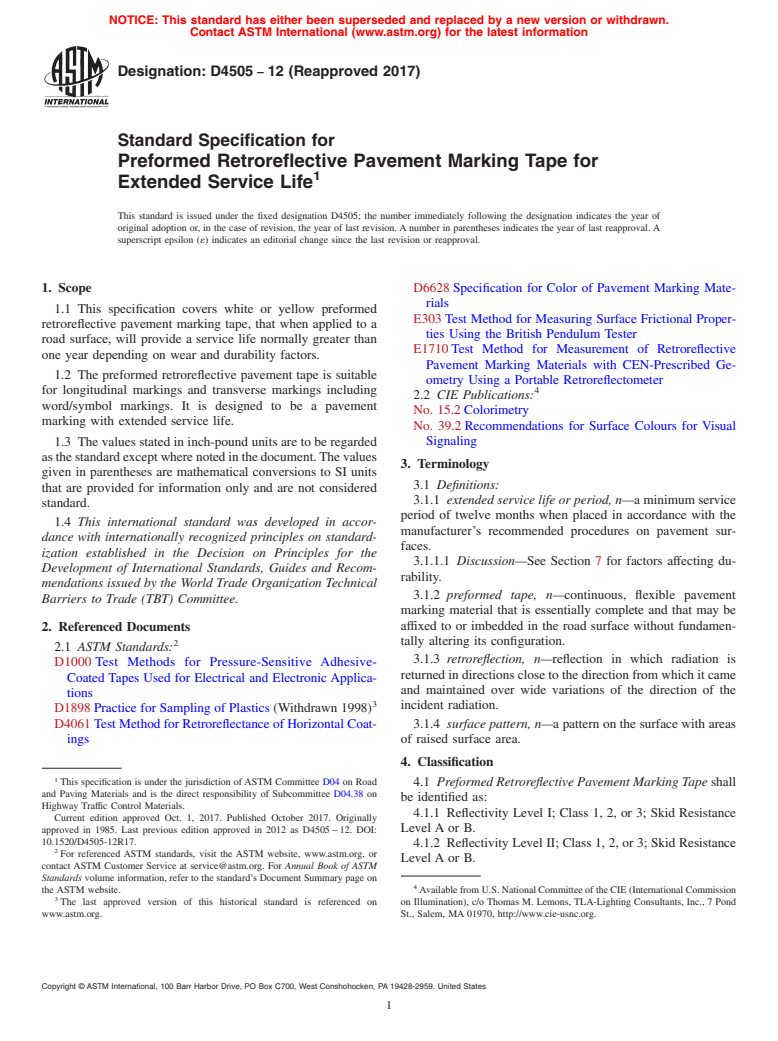 ASTM D4505-12(2017) - Standard Specification for Preformed Retroreflective Pavement Marking Tape for Extended  Service Life