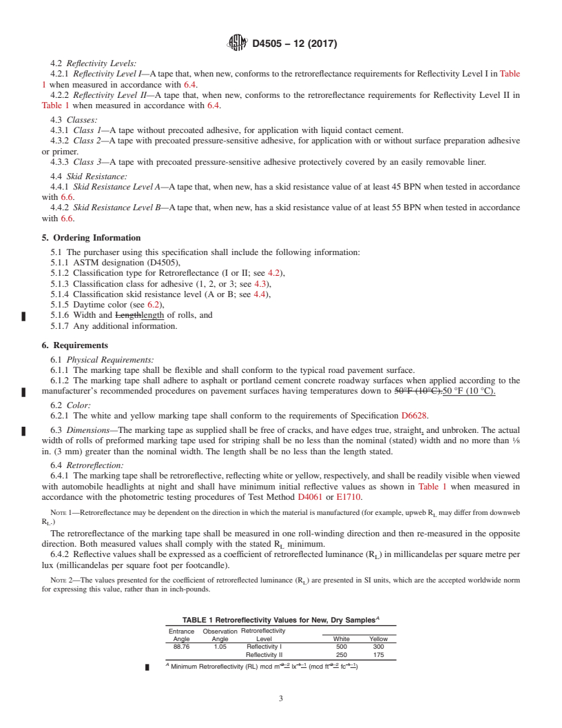 REDLINE ASTM D4505-12(2017) - Standard Specification for Preformed Retroreflective Pavement Marking Tape for Extended  Service Life