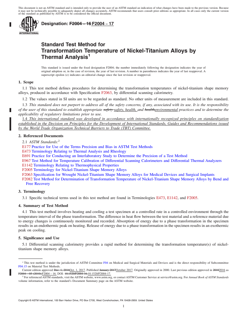 REDLINE ASTM F2004-17 - Standard Test Method for Transformation Temperature of Nickel-Titanium Alloys by Thermal  Analysis