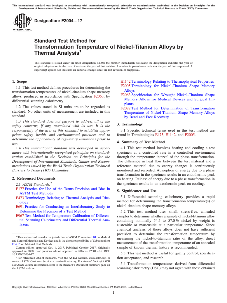 ASTM F2004-17 - Standard Test Method for Transformation Temperature of Nickel-Titanium Alloys by Thermal  Analysis