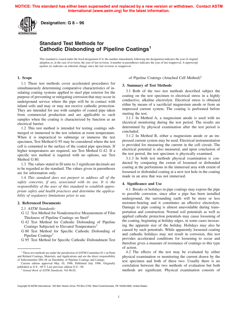 ASTM G8-96 - Standard Test Methods for Cathodic Disbonding of Pipeline Coatings