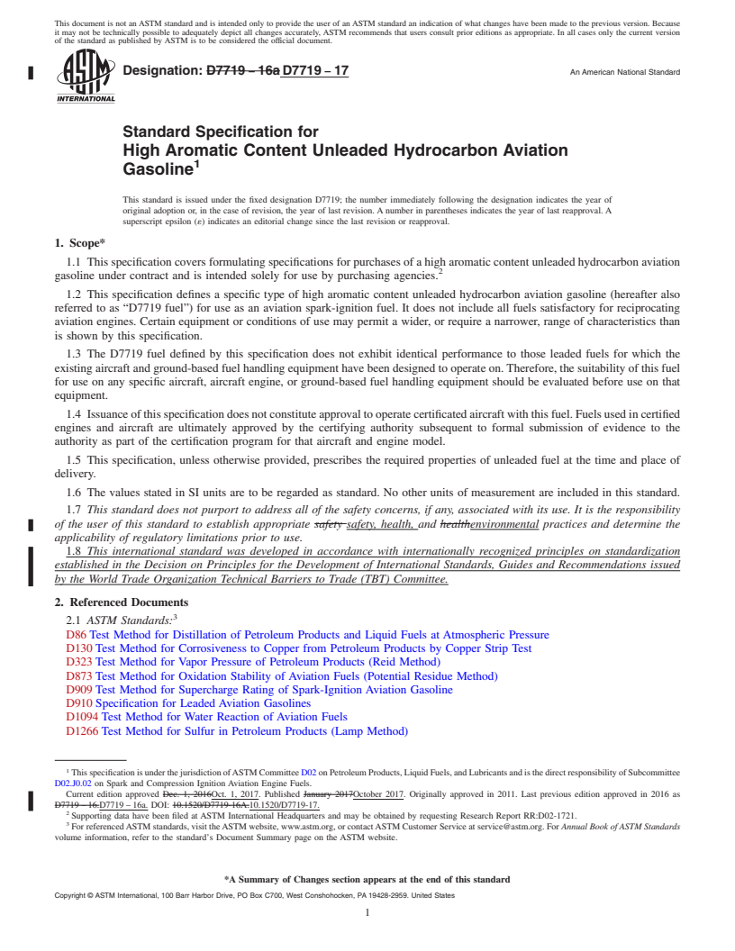 REDLINE ASTM D7719-17 - Standard Specification for  High Aromatic Content Unleaded Hydrocarbon Aviation Gasoline