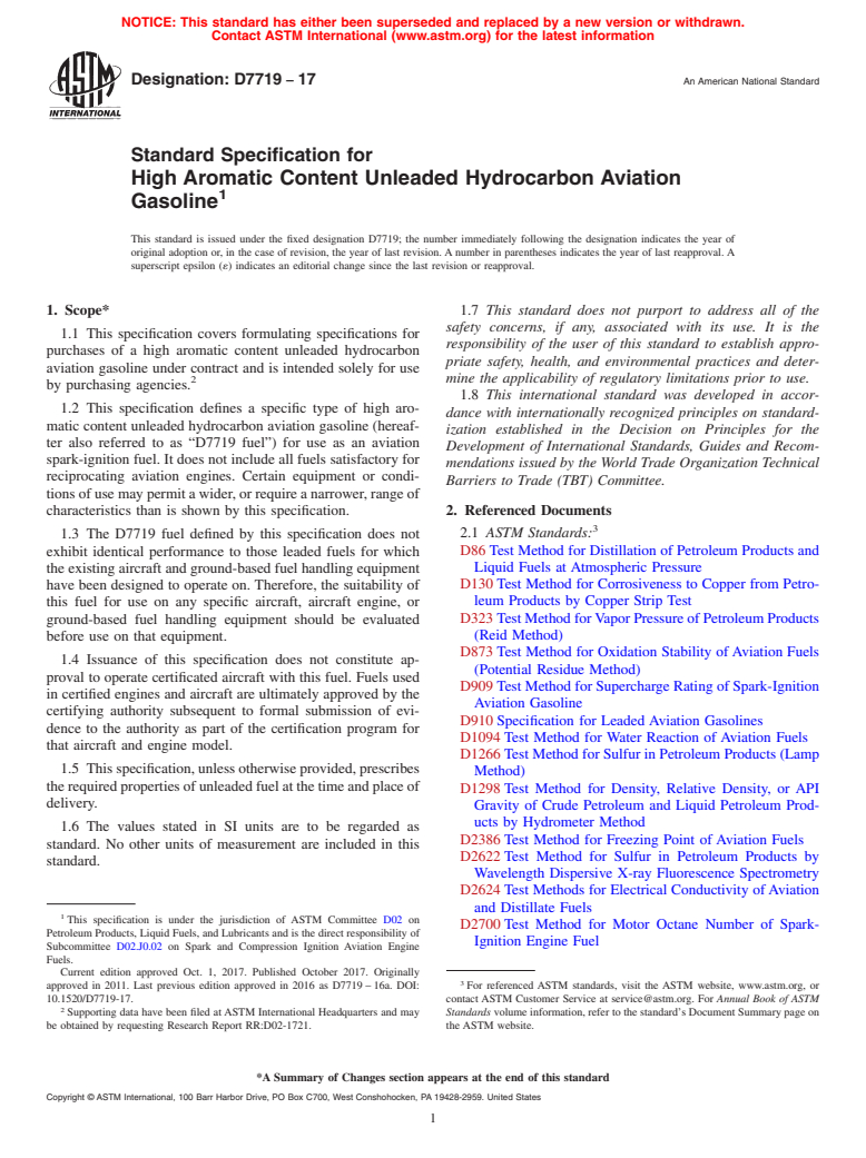 ASTM D7719-17 - Standard Specification for  High Aromatic Content Unleaded Hydrocarbon Aviation Gasoline