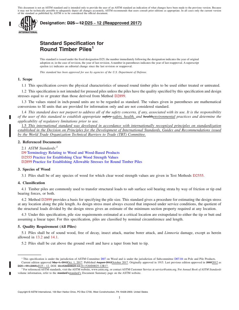 REDLINE ASTM D25-12(2017) - Standard Specification for Round Timber Piles