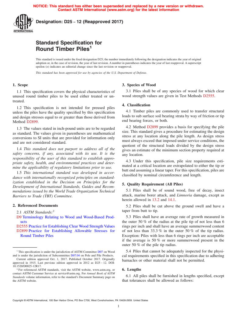 ASTM D25-12(2017) - Standard Specification for Round Timber Piles