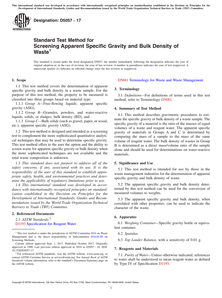 ASTM D5057-17 - Standard Test Method for  Screening Apparent Specific Gravity and Bulk Density of Waste