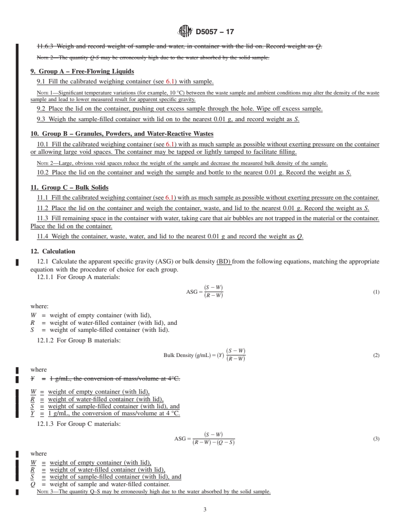 REDLINE ASTM D5057-17 - Standard Test Method for  Screening Apparent Specific Gravity and Bulk Density of Waste