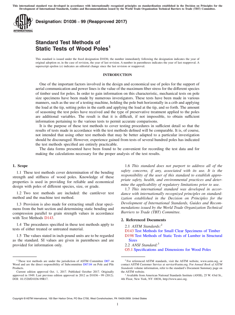 ASTM D1036-99(2017) - Standard Test Methods of Static Tests of Wood Poles