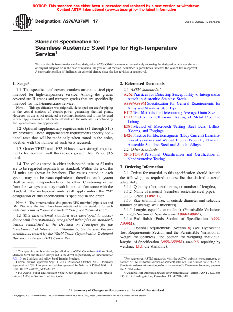 ASTM A376/A376M-17 - Standard Specification for  Seamless Austenitic Steel Pipe for High-Temperature Service
