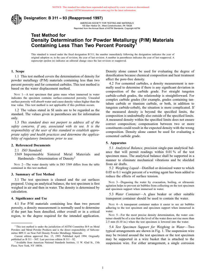 ASTM B311-93(1997) - Test Method for Density Determination for Powder Metallurgy (P/M) Materials Containing Less Than Two Percent Porosity