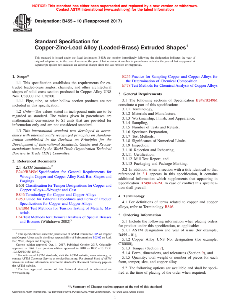 ASTM B455-10(2017) - Standard Specification for Copper-Zinc-Lead Alloy (Leaded-Brass) Extruded Shapes