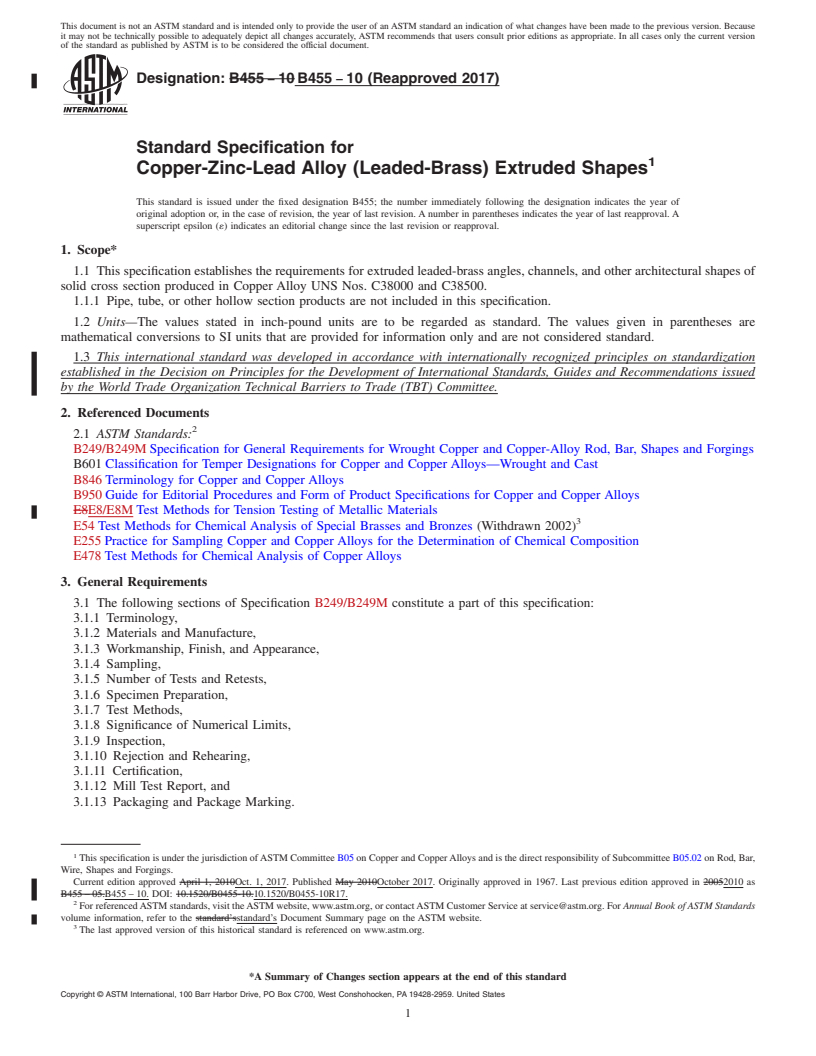 REDLINE ASTM B455-10(2017) - Standard Specification for Copper-Zinc-Lead Alloy (Leaded-Brass) Extruded Shapes