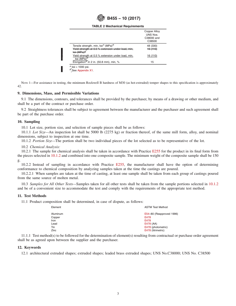 REDLINE ASTM B455-10(2017) - Standard Specification for Copper-Zinc-Lead Alloy (Leaded-Brass) Extruded Shapes