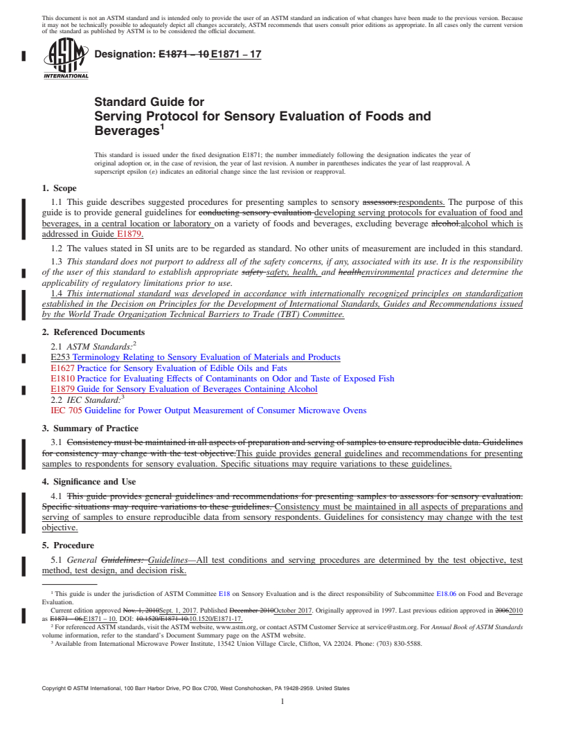 REDLINE ASTM E1871-17 - Standard Guide for  Serving Protocol for Sensory Evaluation of Foods and Beverages