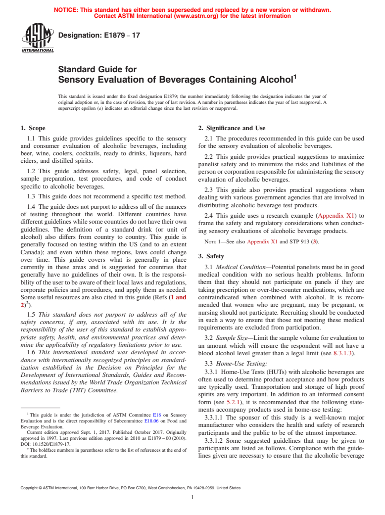 ASTM E1879-17 - Standard Guide for  Sensory Evaluation of Beverages Containing Alcohol