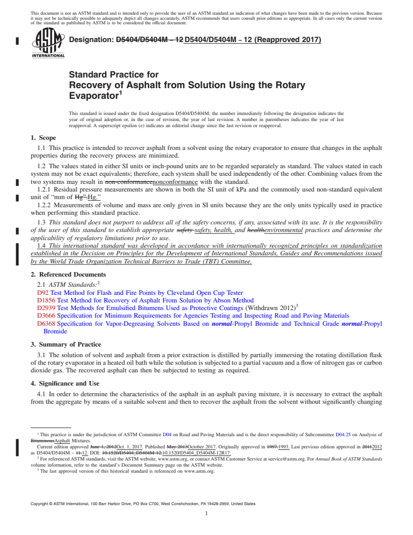 REDLINE ASTM D5404/D5404M-12(2017) - Standard Practice for  Recovery of Asphalt from Solution Using the Rotary Evaporator