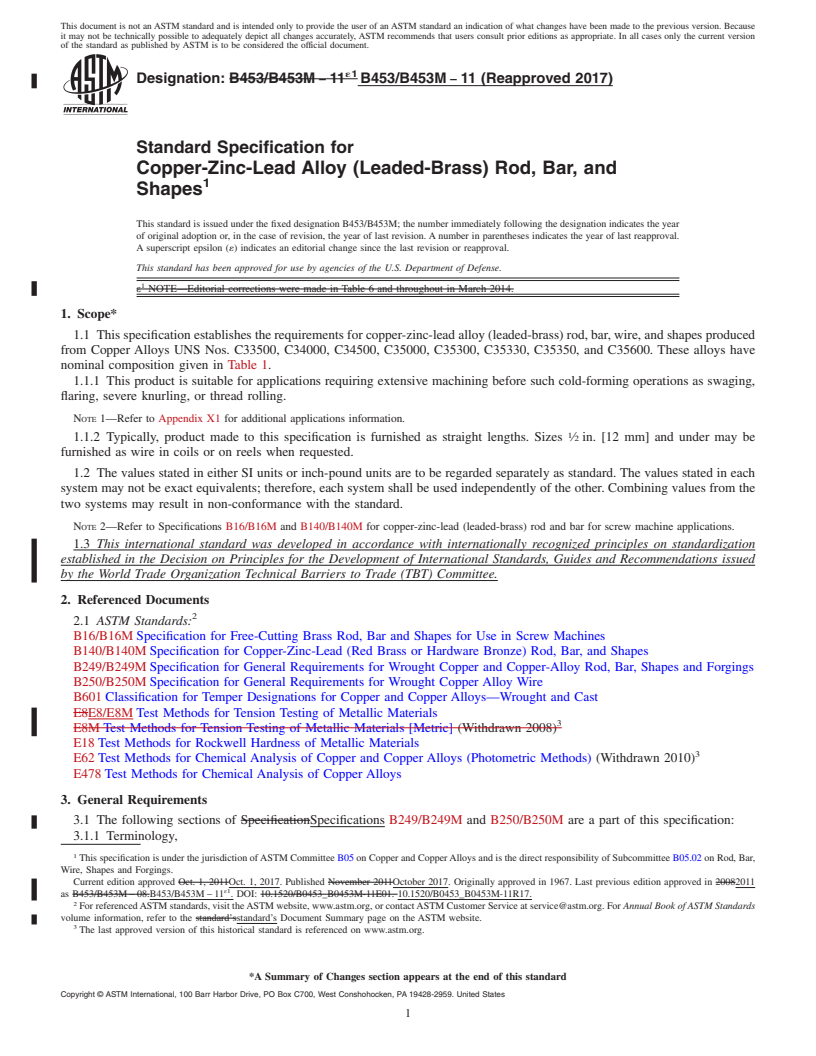 REDLINE ASTM B453/B453M-11(2017) - Standard Specification for Copper-Zinc-Lead Alloy (Leaded-Brass) Rod, Bar, and Shapes