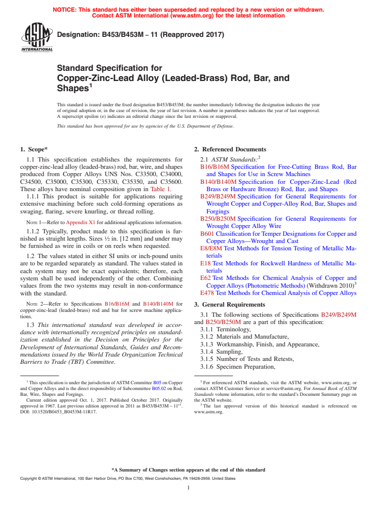 ASTM B453/B453M-11(2017) - Standard Specification for Copper-Zinc-Lead Alloy (Leaded-Brass) Rod, Bar, and Shapes