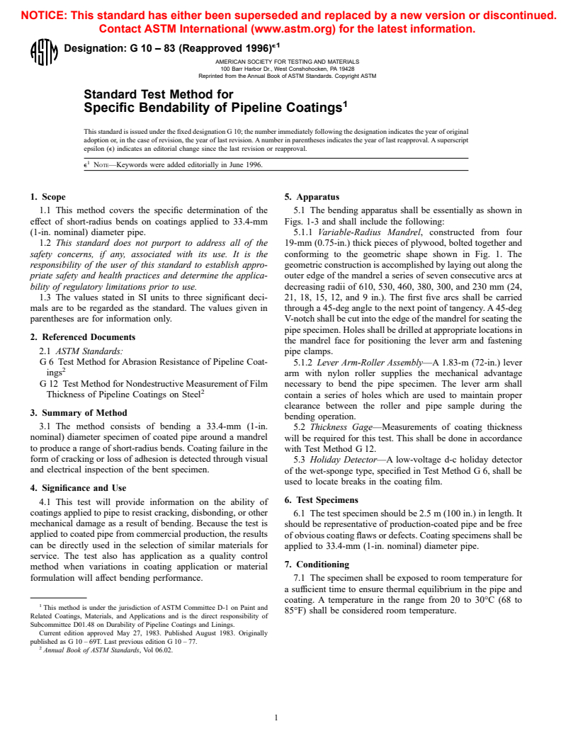 ASTM G10-83(1996)e1 - Standard Test Method for Specific Bendability of Pipeline Coatings