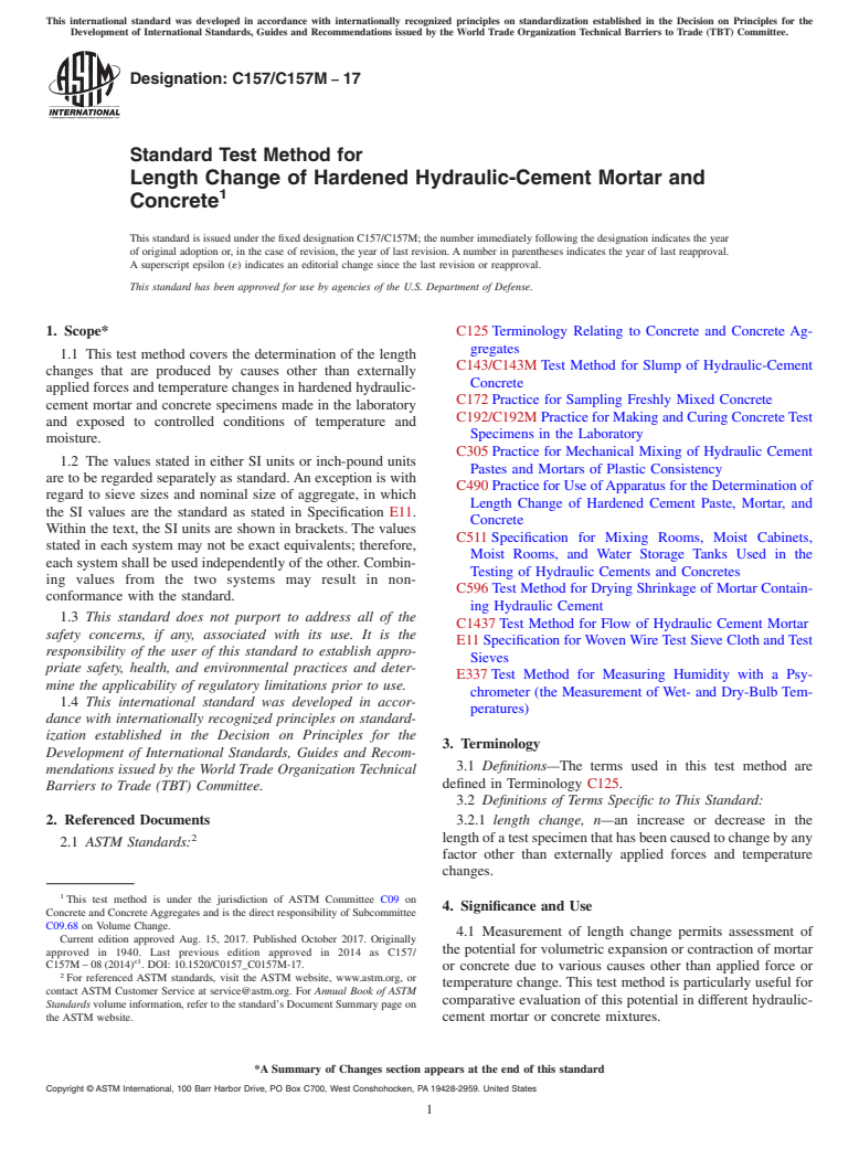 ASTM C157/C157M-17 - Standard Test Method for  Length Change of Hardened Hydraulic-Cement Mortar and Concrete