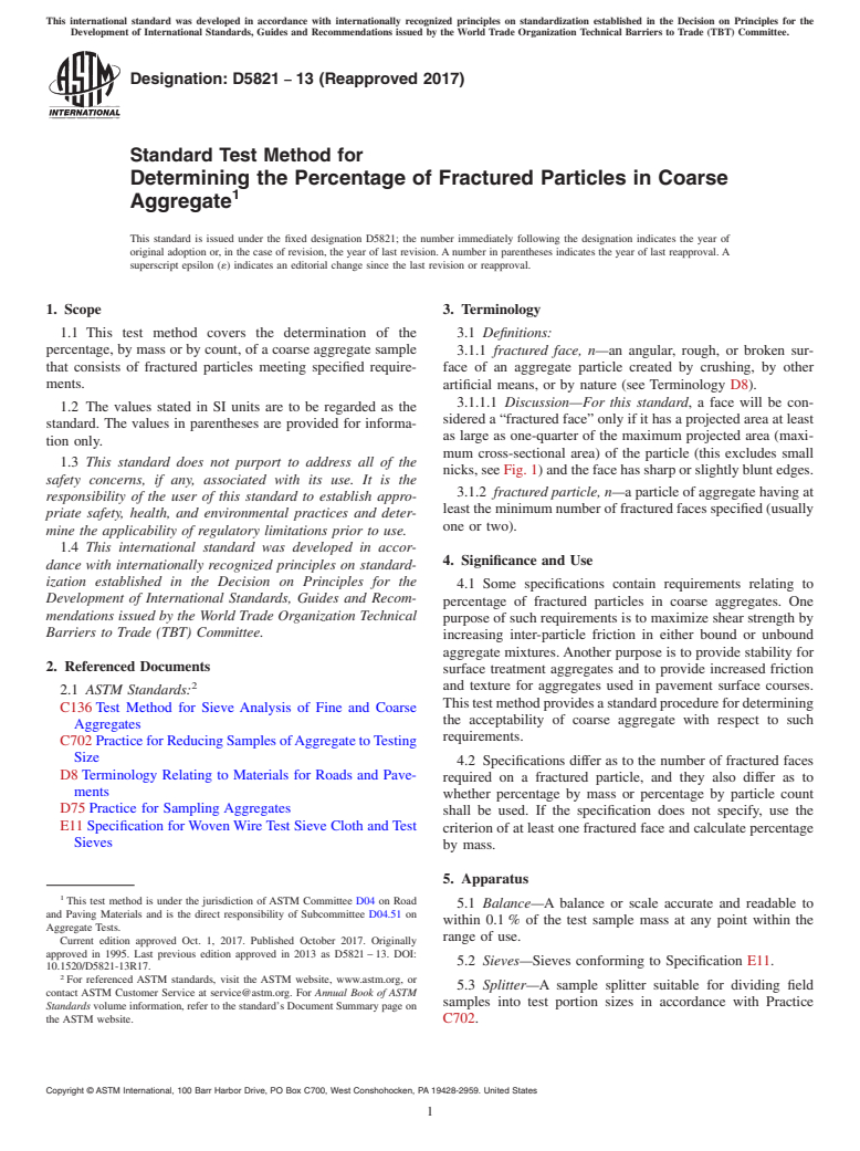 ASTM D5821-13(2017) - Standard Test Method for  Determining the Percentage of Fractured Particles in Coarse  Aggregate