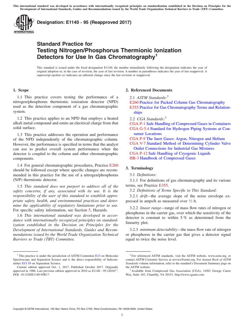 ASTM E1140-95(2017) - Standard Practice for Testing Nitrogen/Phosphorus Thermionic Ionization Detectors  for Use In Gas Chromatography