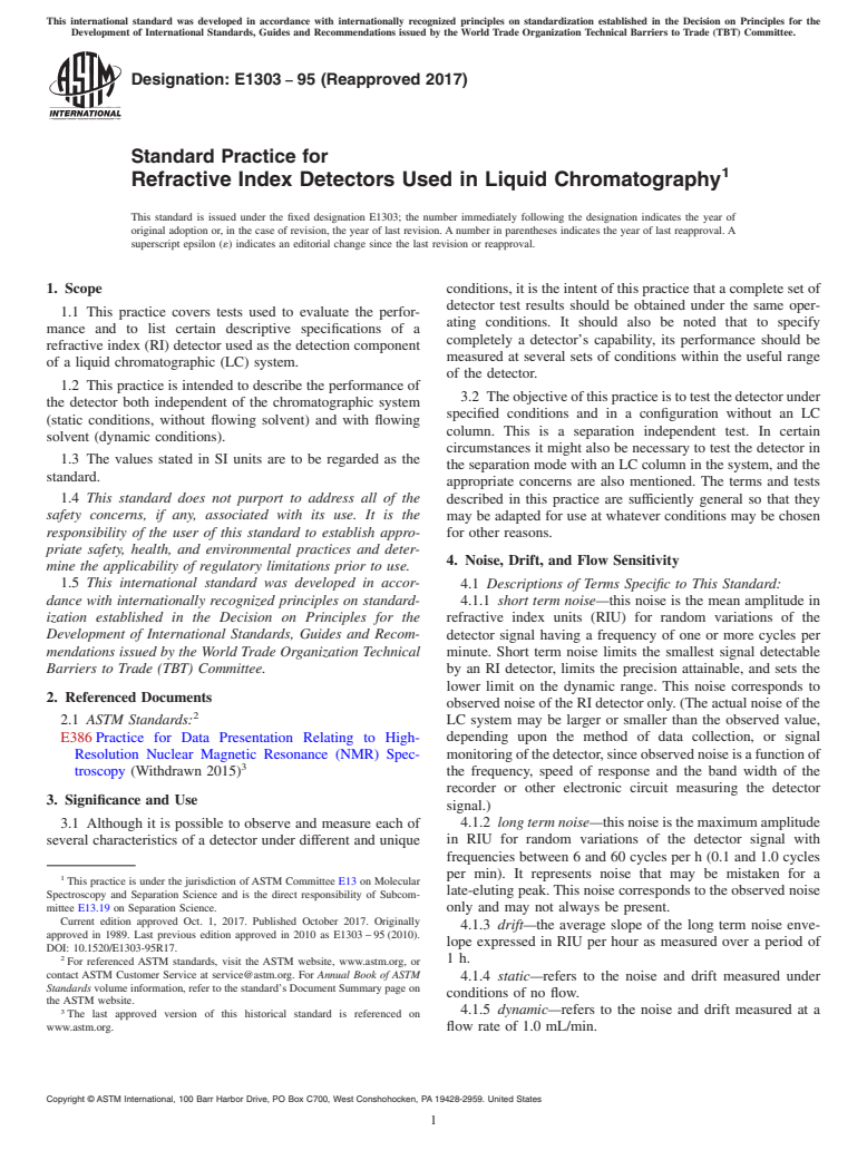 ASTM E1303-95(2017) - Standard Practice for Refractive Index Detectors Used in Liquid Chromatography