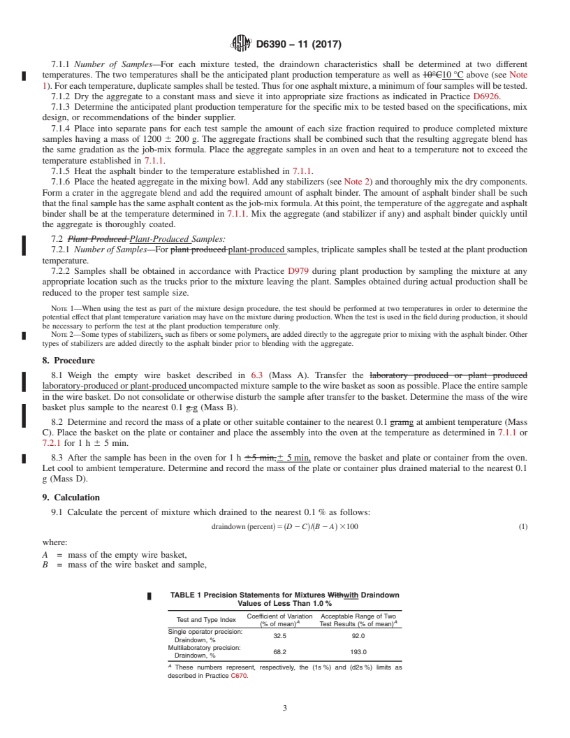 REDLINE ASTM D6390-11(2017) - Standard Test Method for  Determination of Draindown Characteristics in Uncompacted Asphalt  Mixtures