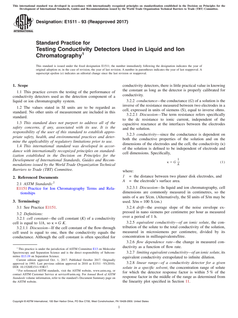 ASTM E1511-93(2017) - Standard Practice for Testing Conductivity Detectors Used in Liquid and Ion Chromatography