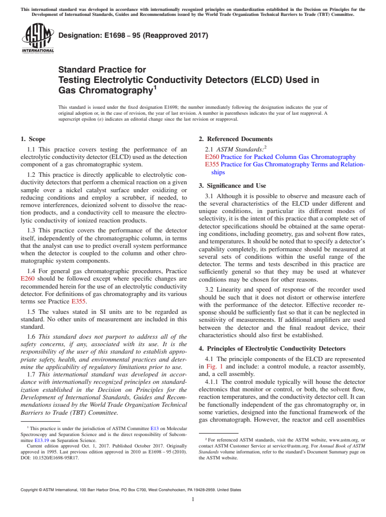 ASTM E1698-95(2017) - Standard Practice for Testing Electrolytic Conductivity Detectors (ELCD) Used in  Gas Chromatography