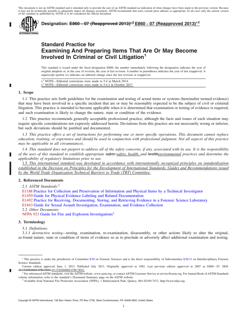 REDLINE ASTM E860-07(2013)e2 - Standard Practice for  Examining And Preparing Items That Are Or May Become Involved  In Criminal or Civil Litigation