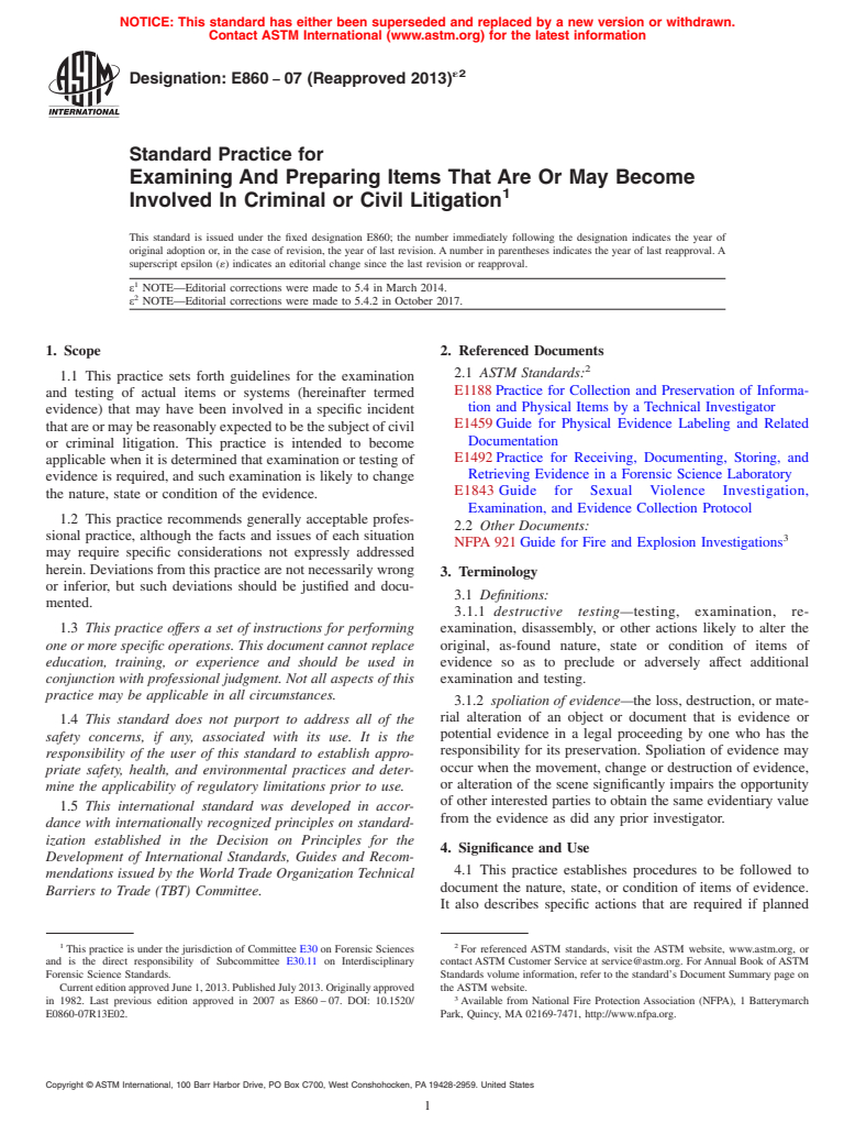 ASTM E860-07(2013)e2 - Standard Practice for  Examining And Preparing Items That Are Or May Become Involved  In Criminal or Civil Litigation