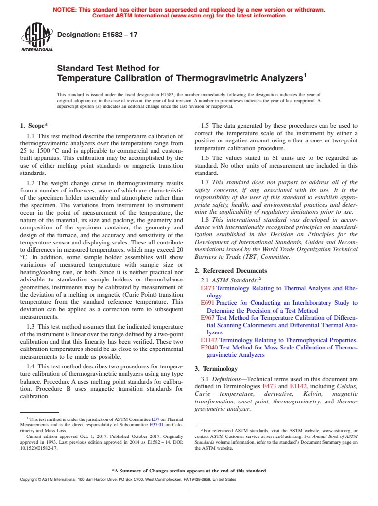 ASTM E1582-17 - Standard Test Method for  Temperature Calibration of Thermogravimetric Analyzers