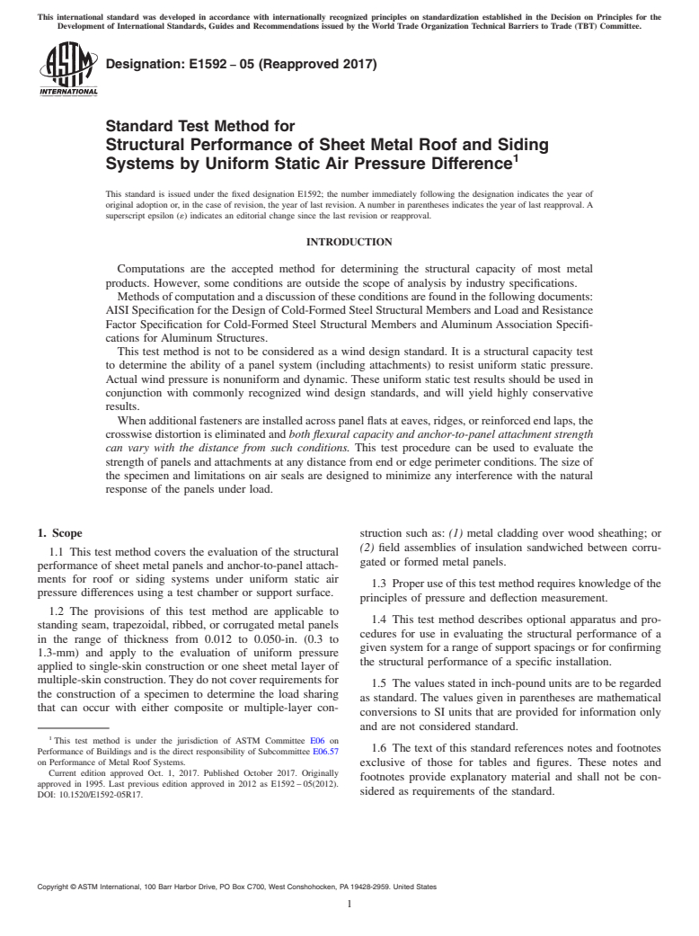 ASTM E1592-05(2017) - Standard Test Method for Structural Performance of Sheet Metal Roof and Siding Systems  by Uniform Static Air Pressure Difference