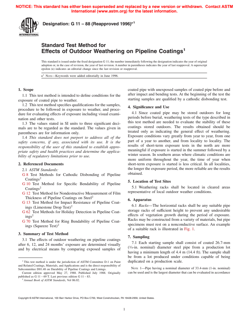 ASTM G11-88(1996)e1 - Standard Test Method for Effects of Outdoor Weathering on Pipeline Coatings