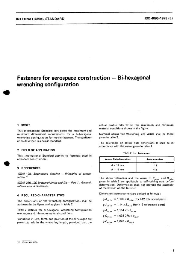 ISO 4095:1978 - Fasteners for aerospace construction -- Bi-hexagonal wrenching configuration