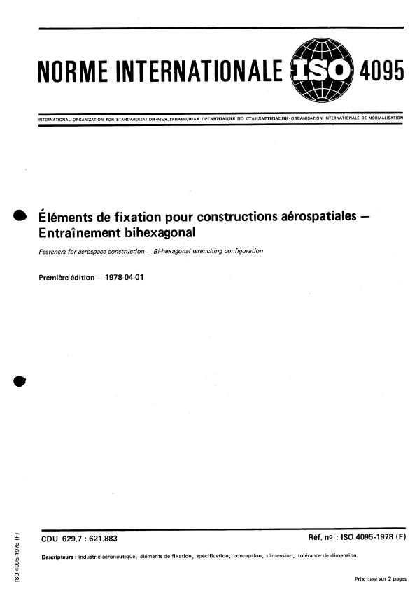 ISO 4095:1978 - Éléments de fixation pour constructions aérospatiales -- Entraînement bihexagonal