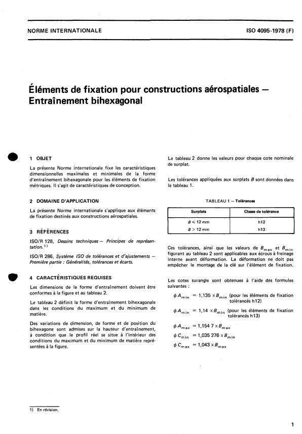 ISO 4095:1978 - Éléments de fixation pour constructions aérospatiales -- Entraînement bihexagonal