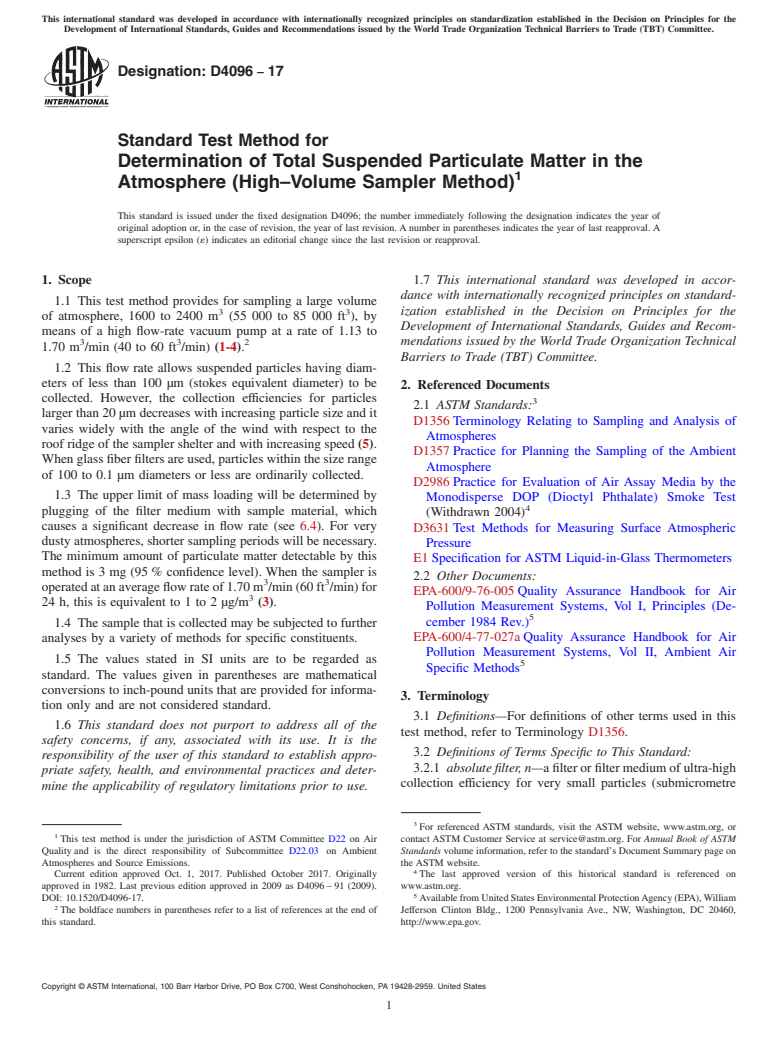 ASTM D4096-17 - Standard Test Method for  Determination of Total Suspended Particulate Matter in the Atmosphere (High&#x2013;Volume Sampler Method)