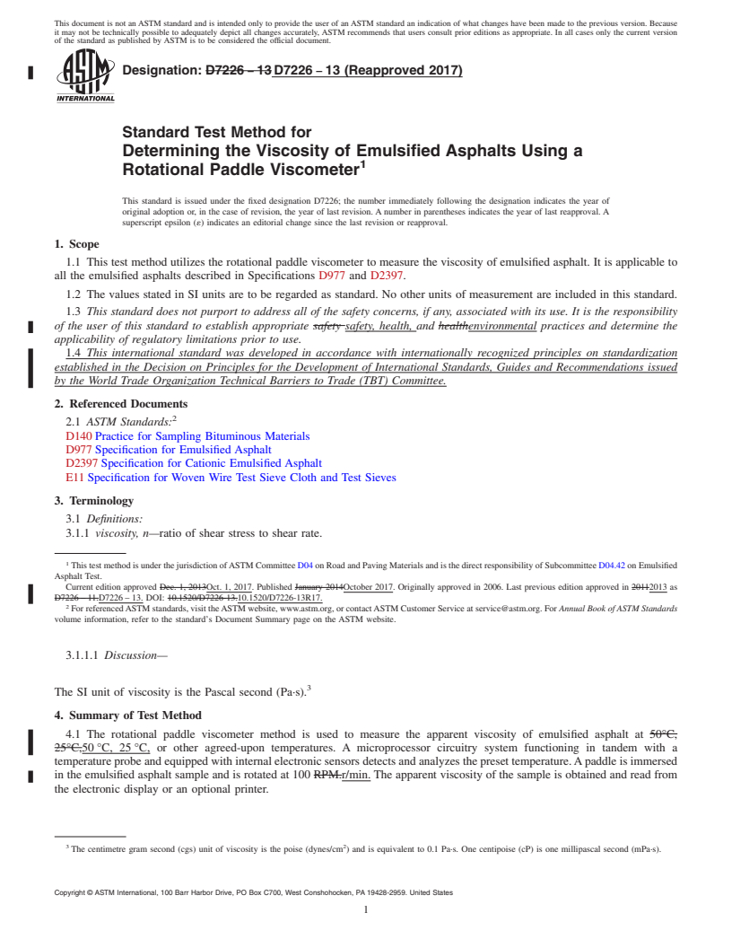 REDLINE ASTM D7226-13(2017) - Standard Test Method for  Determining the Viscosity of Emulsified Asphalts Using a Rotational  Paddle Viscometer