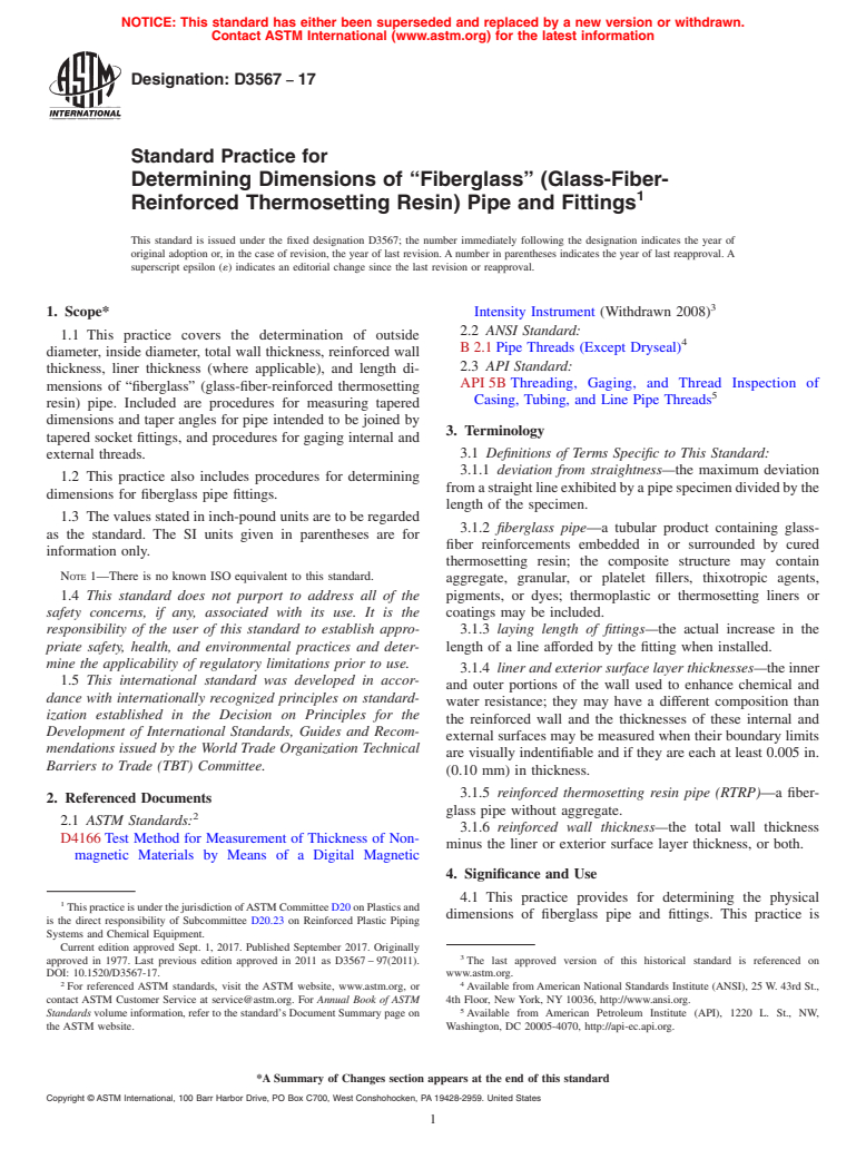 ASTM D3567-17 - Standard Practice for Determining Dimensions of &#x201c;Fiberglass&#x201d; (Glass-Fiber-Reinforced  Thermosetting Resin) Pipe and Fittings