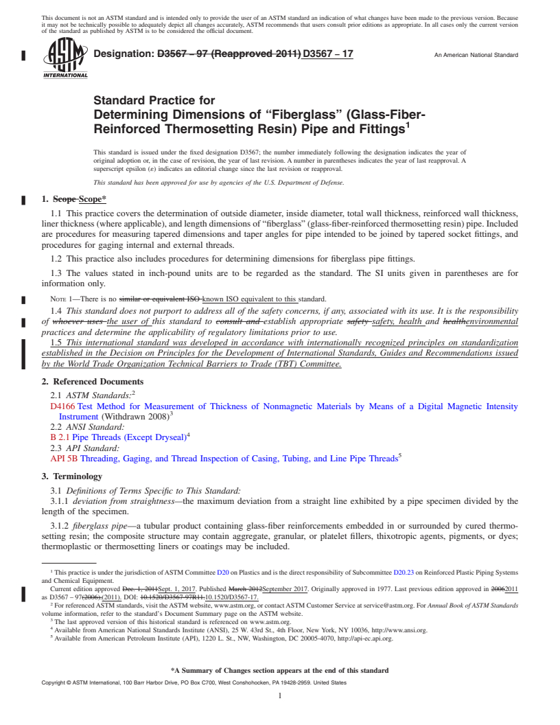 REDLINE ASTM D3567-17 - Standard Practice for Determining Dimensions of &#x201c;Fiberglass&#x201d; (Glass-Fiber-Reinforced  Thermosetting Resin) Pipe and Fittings