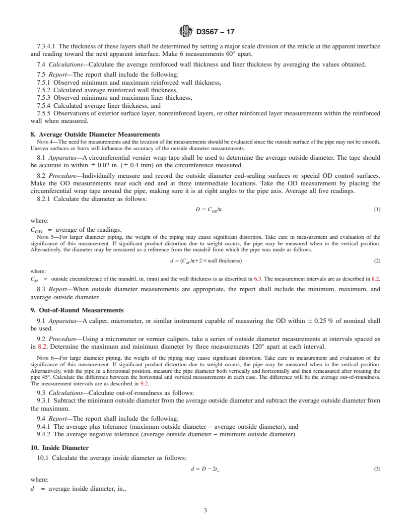 REDLINE ASTM D3567-17 - Standard Practice for Determining Dimensions of &#x201c;Fiberglass&#x201d; (Glass-Fiber-Reinforced  Thermosetting Resin) Pipe and Fittings