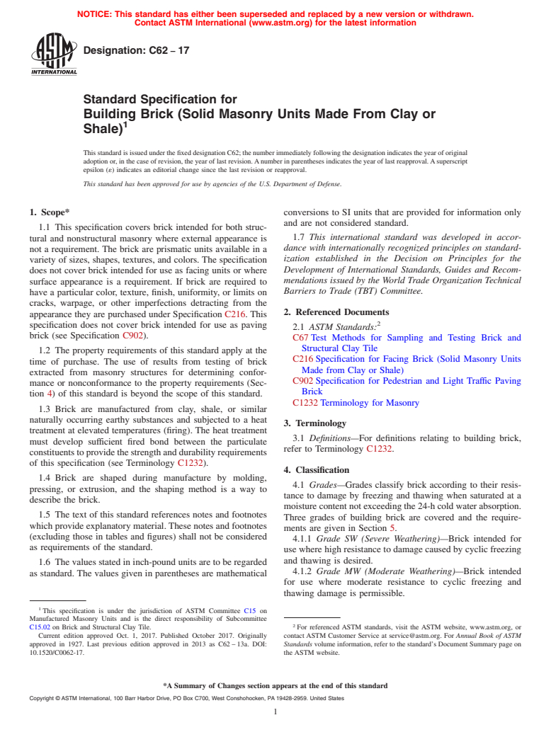 ASTM C62-17 - Standard Specification for  Building Brick (Solid Masonry Units Made From Clay or Shale)